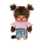 Sekiguchi 253845-Original Monchhichi Fille avec Jeans et T-Shirt, Animal en Peluche Brun d'environ 20 cm, 253845, Multicolor, 20 x 11 x 9 cm