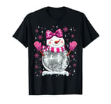 Cute Snowman Disco Ball Christmas Coquette Bow Women Girls T-Shirt