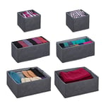 Relaxdays Organiseurs de tiroirs, 6 boîtes de Rangement pour l’Armoire, Le Dressing, etc, Pliables, 3 Tailles, Gris