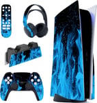 Kit De Autocollants Skin Decal Pour Ps5 Sticker Vinyle Pour Ps5 Console&manette&station De Charge&casque&télécommande Média-Édition Régulière-Flamme Bleue