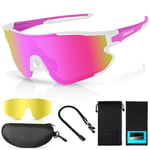 Odoland Lunette de Cyclisme Polarisées, Lunettes de Soleil de Sport UV 400 avec Remplaçables Vision Nocturne Verres pour Vélo, Pêche, Course à Pied, Homme Femme et Jeunes, Couleur Rose