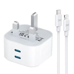 USB C Charger for iPhone, 20W USB C PD Fast Charging Plug and 2M Cable for iPhone Apple 14/14 Pro/14 Pro Max/13/12/11/X/XS/XR/8/7SE 2020, Type C Dual PD 3.0 UK with USB C to Lightning Lead 2M