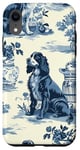 Coque pour iPhone XR Décoration vintage à rayures avec cocker en toile bleue et blanche