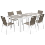 Salon de jardin table extensible - Orlando - Table en aluminium 150/210cm et 6 chaises en textilène Blanc / Taupe