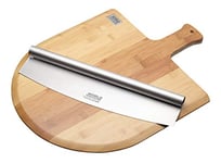 KitchenCraft World of Flavours Wooden Pizza Board and Mezzaluna Pizza Cutter Set, Brown, 35 x 36 cm