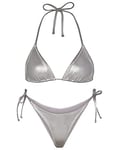 Metallic Bikini Sets for Women - Silver Micro Bikini Sexy Swimwear Halter Neck Triangle Top High Waisted Tie Side Thong Bottom Shiny Swimsuit(Silver,L,1026r)