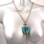 Vintage Gold & Turquoise Chic Heart & Key Pendant Necklace w/ Swarovski Crystals