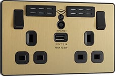 BG Electrical Double Switched Power Wall Plug Socket with Type A USB Charging Port and Wi-Fi Extender, Evolve, Satin Brass, 13A, PCDSB22UWRB