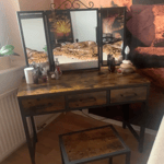 Rustic Industrial Dressing Table with 3 Drawers Tri-Fold Mirror and Padded Stool