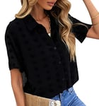 CLOUSPO Blouse Femme d’été Chic et Élégant Chemise Femme Manche Courte Chemisier Femme Col V avec Bouton en Mousseline de Soie (XL, Noir)