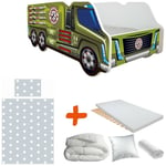 Pack complet Lit camion modèle militaire vert Lit +sommier+Matelas & Parure+ Couette+ Oreiller - 70 x140 cm