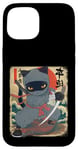 Coque pour iPhone 15 Chat ninja japonais, chat noir kawaii ninja