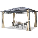 Intent24 - Tonnelle de jardin 3x4 m structure Aluminium toit polycarbonate épaisseur env. 8 mm pavillon de jardin 4 rideaux couleur champagne inclus