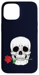 Coque pour iPhone 15 Motif tête de mort et rose sur fond noir