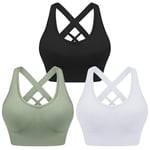 Leversic Women's Workout Bra Mid Impact Wirefree Removable Padding Sports Bra Cross Back Yoga Bra for Gym Fitness Running Jogging(Black+White+Green,S)