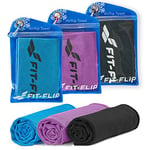 Fit-Flip Set of 3 Cooling towel - cool down towel - microfibre ice towel for sport and sweat - stay cool Airflip towel for neck - cold towel for yoga and fitness (black/blue/purple, 100x30cm)