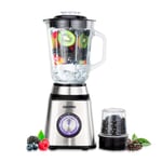 Geepas 2 in 1 Food Jug Blender with 1.5L Glass Jar | Stainless Steel Blades, 2 Speed Control with Pulse | Smoothie Blender with Coffee/Spice Grinder Mill Included | 2 Year Warranty, 1.5L, 500W Silver