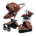 Magic ZC PU Leather 3 in 1 Pushchair Pram Travel System, Baby Stroller 3 in 1 with 360° Rotatable Seat, Newborn Infant Buggy with Aluminum Frame, Toddler Carriage with One-Click Folding (906 Brown-1)