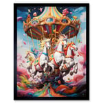 Magical Carousel in Rainbow Clouds Bright Bold Vibrant Fantasy Kids Bedroom Baby Nursery Artwork Art Print Framed Poster Wall Decor 12x16 inch