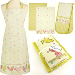 Farmhouse Chicken Kitchen Textile Set - Apron Oven Glove 2 Tea Towels - Gift Set