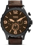 Fossil Montre pour homme Nate, mouvement chronographe à quartz, boîtier en acier inoxydable noir de 50 mm avec bracelet en cuir véritable, JR1487