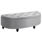 Pouf de rangement coffre 2 en 1 - pouf design classique chic capitonné demi-cercle - pieds bois hévéa noir revêtement velours gris