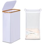 efluky Panier à Linge avec Couvercle 75L, Panier à Linge Mince avec Poche Intérieure Lavable, Bac à linge Blanc avec Poignées en Bambou, Paniers à Linge Pliables pour Buanderie Chambre Salle de Bain