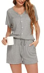 Vlazom Pyjama Femme ete,Ensemble Pyjama Court Femme Haut à Manche Courte avec Boutons Pyjamas Short Femme Couleur Unie 2 Pièces,XXL,B-Gris Clair