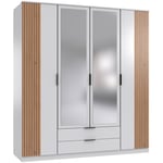 Armoire avec corniche, meuble de rangement + 2 miroirs coloris blanc, rechampis imitation chêne artisan - Longueur 180 x Hauteur 199 x Profondeur 58