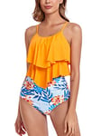 FLYILY Maillot de Bain Tankini pour Femme Haut Double à Volants Taille Haute Maillots de Bain 2 pièces Maillots de Bain(4-Orange,L)