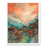 Pink Dawn Atmospheric Clouds Over Small Mountain Village in the Alps Modern Watercolour Painting Art Print Framed Poster Wall Decor 12x16 inch