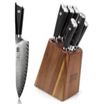 SHAN ZU Damascus Kitchen Knives Set, 7-Piece Japanese Knife Sets with Block 67 Layers AUS-10V Damascus Steel Ultra Sharp Chef Knife Block Set with G10 Handle