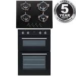 SIA 60cm Black Built In Double Electric Fan Oven & 4 Burner Gas On Glass Hob