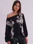 Religion Off The Shoulder Inversion Top With Swallow Placement Print, Black, Size 12, Women