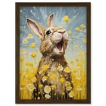 Artery8 The Happy Bunny Rabbit Playing in a Field of Daisies Vibrant Oil Painting Kids Bedroom Blue Yellow Bright Summer Meadow Artwork Framed Wall Art Print A4