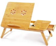 Laptop Desk， KMASHI Adjustable Laptop Desk Table， 100% Bamboo with USB Cooling Fan Foldable Breakfast Serving Bed Tray w' Tilting Top Drawer