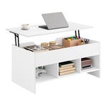 WOLTU Table Basse Relevable, Table Basse Salon, Table Basse avec Rangement, 1 Espace de Rangement Caché et 3 Compartiments Ouverts, Table Basse Blanche, Rectangulaire, en Bois d'Ingénierie