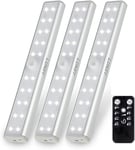 LUNSY Lot de 3 lampes à piles rechargeables sous armoire avec télécommande, 140 lm sans fil avec minuterie, barre lumineuse à intensité variable pour cuisine, armoire, étagère, lumière du jour