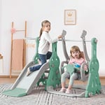 Merax Kids Slide Swing Set Climbing Frame | 4 in 1 Multifunctional Toddler Slide with Removable Basketball Hoop Ball Climb Stairs | Antique Green