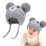 Cute Bear Kids Winter Fleece Lined Knitted Hat with Ear Flaps Dual Pom-Pom Chenille Furry Beanie Earflap Warm Beanie Hat with Strap Cold Weather Warm Hat for 1-5 Y Infant Toddler Boys Girls