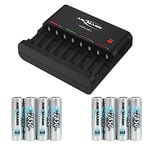 ANSMANN Powerline 8 battery charger with UK & EU Plugs | 8 way fast charger to charge and discharge NiMH rechargeable batteries | with 8 x AA 2850mAh NiMH batteries