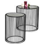 Kare Design Side Table Wire Black, Set of Two, Round, Diameter 44 cm, 33cm, Steel Rack, Safety Glass Tabletop, Modern Side Table for Living Room, Bedroom