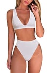 Fatty Tiger Womens High Waisted Thong Bikini Sets Sexy Brazilian Triangle Top Deep V Neck Two Piece Swimsuit Bathing Suits, White, Medium