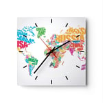 Horloge murale en verre 40x40cm Carte Mots Monde Géographie Wall Clock