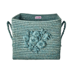 Rice - Raffia Square Basket with Flower Embroidery - Dove Blue