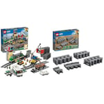 LEGO 60198 City Cargo Train Set Battery Powered Engine for 6 Year Old, RC Bluetooth Connection, 3 Wagons, Tracks and Accessories & 60205 City Tracks 20 Pieces Extention Accessory Set