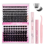 Fadlash Kit Extension Cils 0.07 D Cornée 8-16mm 100D+200D Faux Cils Cluster Cils Kit Individuels DIY de Cils Avec Bond And Seal,Dissolvant pour Colle Cils,Pince A Epiler Faux Cils Réutilisables