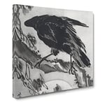 Crow & the Moon by Kawanabe Kyosai Asian Japanese Canvas Wall Art Print Ready to Hang, Framed Picture for Living Room Bedroom Home Office Décor, 14x14 Inch (35x35 cm)