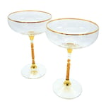 Chic & Raw Champagne Saucers, Hand Blown Coupe Glasses, with Floating 24k Gold Leaf in Stem, Gold Rimmed, Cut Glass Crystal Base, Set of 2