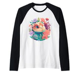 Cute Lizard Surrounded By Colorful Flowers Raglan Baseball Tee